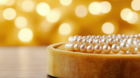 Elegant pearl necklace displayed on a luxurious velvet box against a golden bokeh backdrop, AIの素材