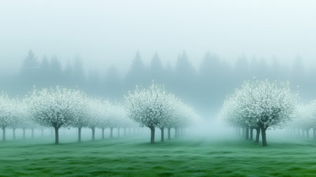 Rows of blossoming trees in a misty orchard create a serene and ethereal landscape, AIの素材