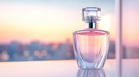 Elegant perfume bottle against a serene sunset backdrop, AIの素材