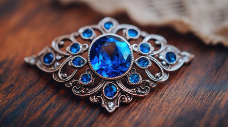 Exquisite vintage brooch with intricate blue gemstones on a wooden surface, AIの素材