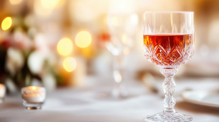 Elegant crystal glass filled with red wine on a softly lit dinner table, AIの素材