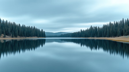 Tranquil lake reflecting a serene forest under a cloudy sky, AIの素材