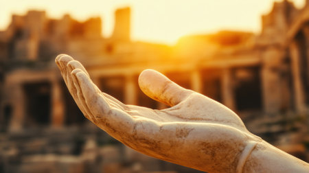 Ancient stone hand sculpture reaches out against a golden sunset backdrop, AIの素材