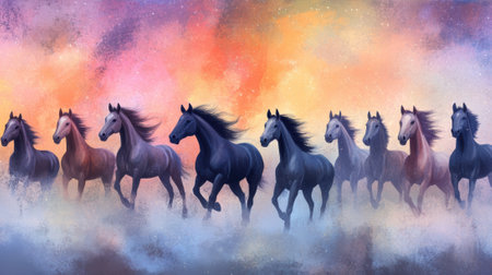 Majestic horses gallop through a dreamy, colorful mist under a vibrant sky, AIの素材