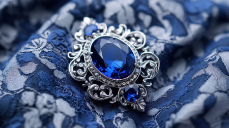 Exquisite sapphire brooch on elegant blue lace fabric, AIの素材