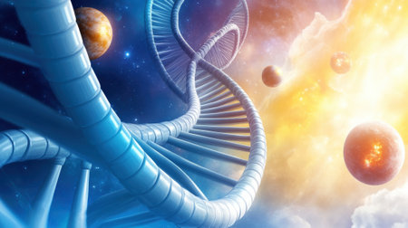DNA helix intertwines with cosmic elements, merging science and the universe, AIの素材