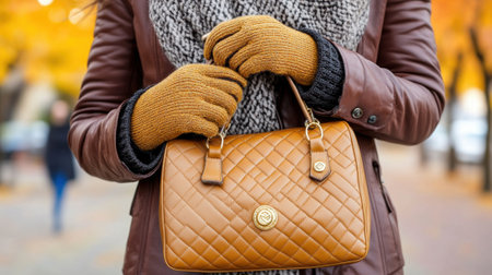 A person in a stylish brown leather jacket holds a quilted handbag and wears cozy gloves, AIの素材