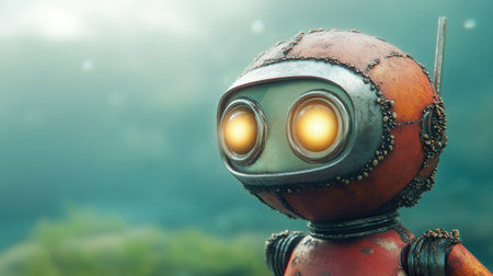 Steampunk-inspired robot with glowing eyes explores an underwater world, AIの素材