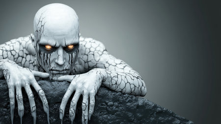 Creepy creature with glowing eyes and cracked skin peers over a dark stone surface, AIの素材