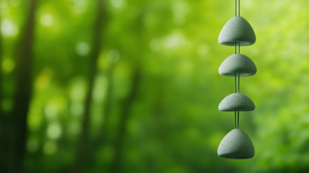 Hanging green stones create a serene ambiance against a lush forest backdrop, AIの素材