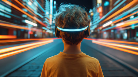 Young boy wearing futuristic headphones stands in a vibrant, neon-lit cityscape, AIの素材