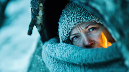 Person bundled in warm clothing gazes intensely from a snow-covered shelter, AIの素材