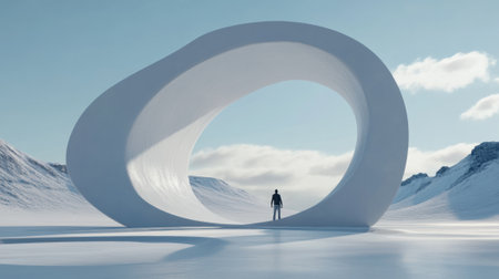 Futuristic sculpture stands in a snowy landscape, dwarfing a solitary figure beneath, AIの素材
