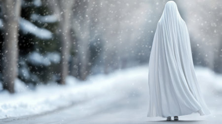 A figure draped in white walks through a serene, snow-covered forest path, AIの素材