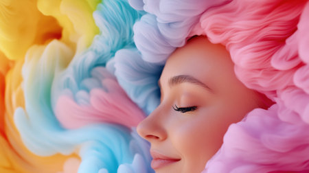 Dreamy portrait of a woman surrounded by vibrant, swirling colors, AIの素材
