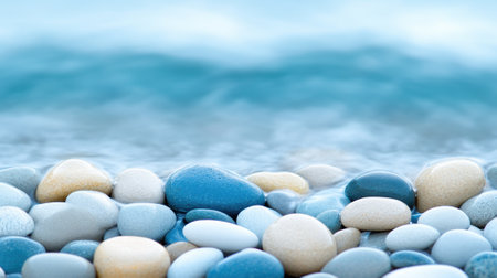 Smooth pebbles in soft hues lie on a tranquil beach, with gentle waves in the background, AIの素材