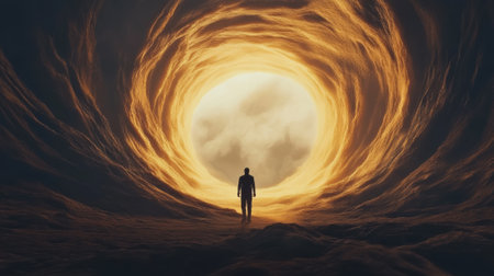A lone figure walks toward a glowing, swirling vortex of light, evoking mystery and wonder, AIの素材