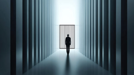 A solitary figure walks toward a bright light at the end of a shadowy corridor, AIの素材