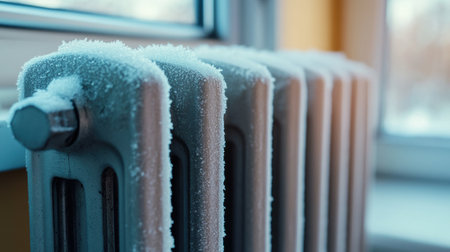 Frost-covered radiator near a window in a chilly room, AIの素材