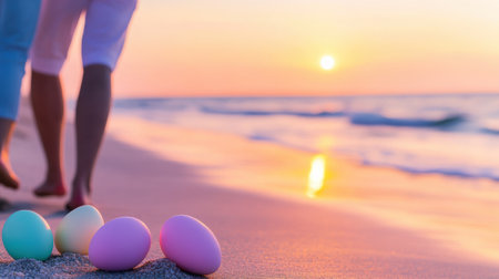 Easter eggs on a sandy beach at sunset create a serene and colorful scene, AIの素材