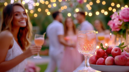 Elegant garden party with friends enjoying drinks and laughter under twinkling lights, AIの素材