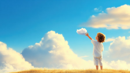 A child reaches for a fluffy cloud in a bright, open field under a clear blue sky, AIの素材
