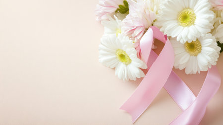 Pink ribbon and white daisies symbolize hope and support on a soft pastel background, AIの素材