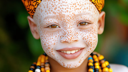Smiling child with face paint and colorful beads, exuding joy and cultural pride, AIの素材