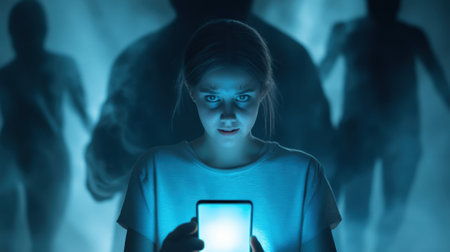 Young woman illuminated by phone screen, surrounded by shadowy figures in a misty setting, AIの素材