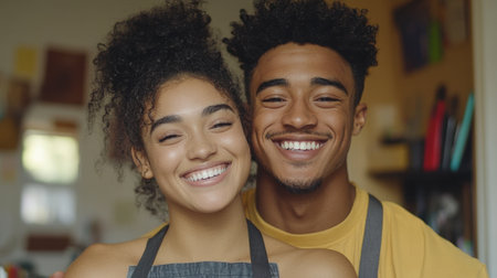 Smiling couple enjoying a cozy moment at home in casual attire, AIの素材