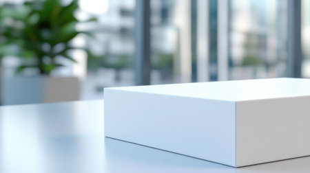 Sleek white box on a modern office desk with a blurred plant in the background, AIの素材