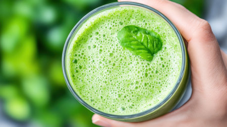 Green smoothie with fresh spinach leaf in a glass, held by a hand, AIの素材