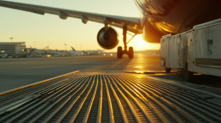 Airplane on tarmac at sunset with golden light reflecting on the ground, AIの素材