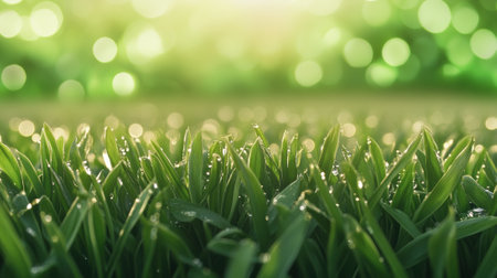 Dew-kissed grass blades glisten under a soft morning light, creating a serene scene, AIの素材