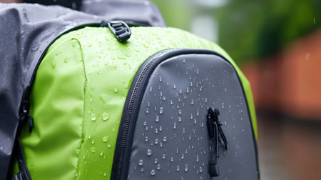 Water droplets glisten on a vibrant green and gray backpack in the rain, AIの素材