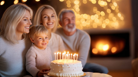 Family celebrating a birthday with cake and candles by a cozy fireplace, AIの素材