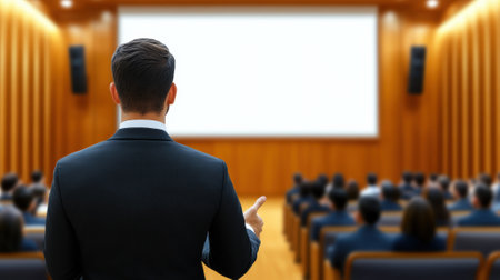 Business professional presenting to an attentive audience in a modern conference hall, AIの素材
