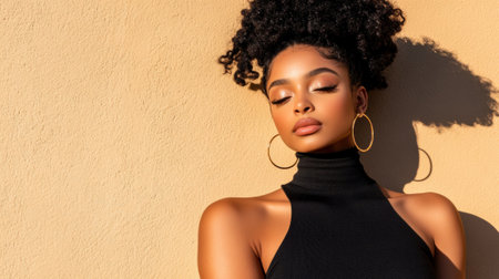 Elegant woman with curly hair and hoop earrings basks in warm sunlight, AIの素材