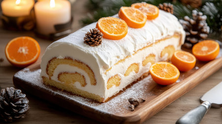 Festive Yule log cake adorned with fresh mandarin slices and pinecones, AIの素材