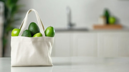 A canvas bag filled with fresh green apples and avocados sits on a kitchen counter, AIの素材