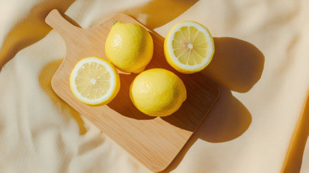 Fresh lemons on a wooden cutting board bask in warm sunlight, AIの素材