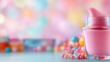 Pink cosmetic cream jar with colorful bokeh background, AIの素材