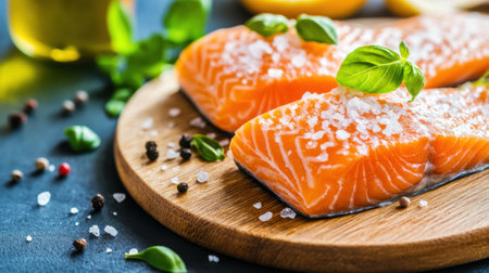 Fresh salmon fillets garnished with sea salt and basil on a wooden board, AIの素材