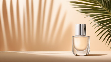 Elegant perfume bottle with palm leaf shadows on a beige background, AIの素材