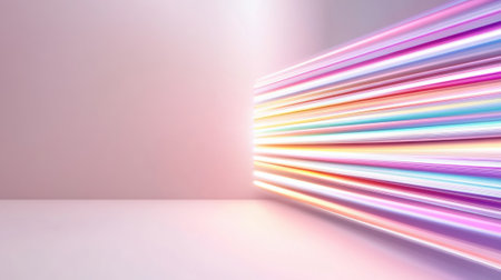 Colorful light beams create a dynamic, futuristic atmosphere in a minimalist space, AIの素材