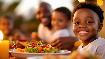 Family enjoying a joyful outdoor dinner with vibrant salads and warm candlelight, AIの素材