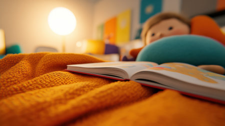Cozy bedtime scene with a childrens book and a soft toy under warm lighting, AIの素材