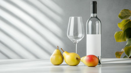 Wine bottle and pears on a sunlit table create a serene still life scene, AIの素材