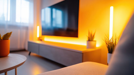 Modern living room with ambient lighting and sleek decor, AIの素材