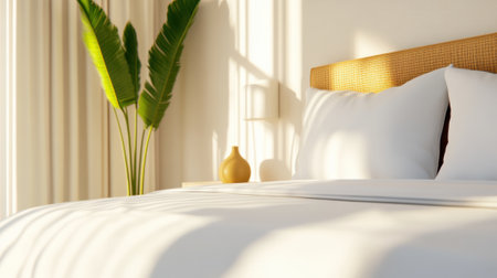 Sunlit bedroom with cozy bed and tropical plant creates a serene atmosphere, AIの素材